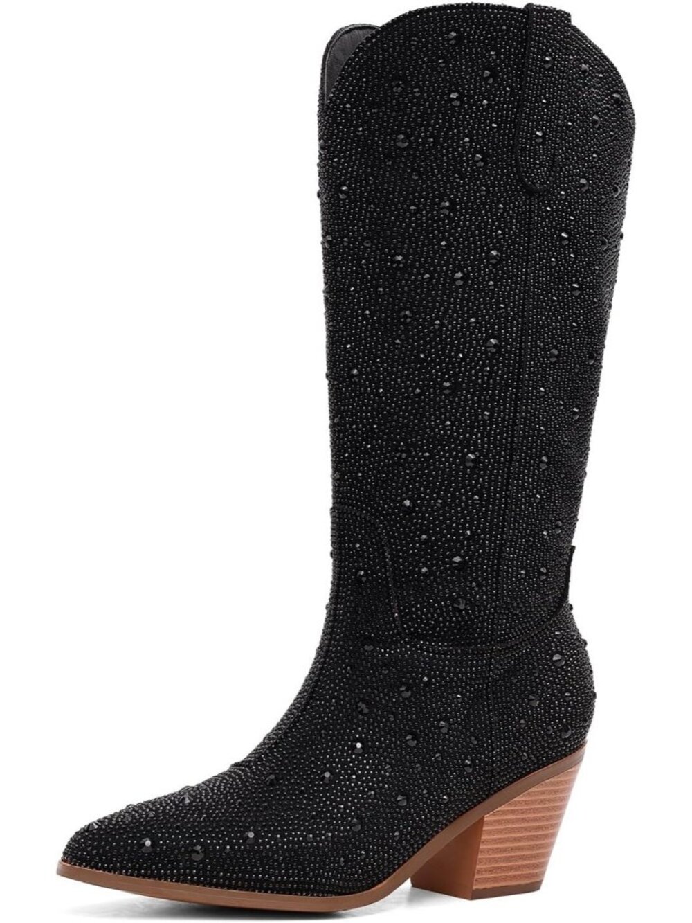 Woman's Mid Calf Black Side Zipper Chunky Heel Western Cowgirl Ankle Boots